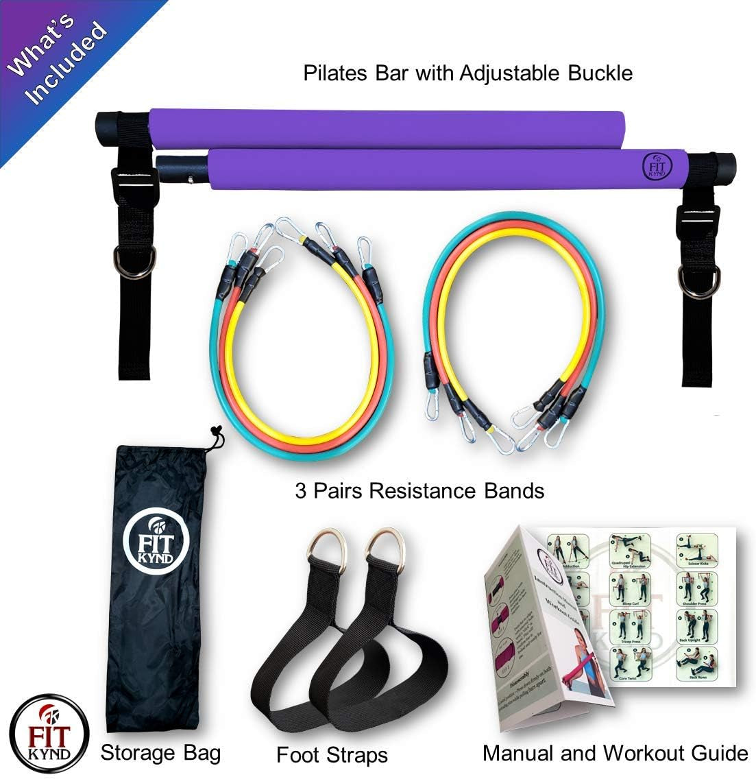 Portable Pilates Bar Kit with Resistance Bands, 6 Stackable Tension Ropes, Adjustable Strap Length, Foot Loops, Home Workout Equipment for Women. Fitness Exercises for Strength Training.
