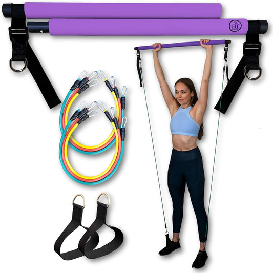 Portable Pilates Bar Kit with Resistance Bands, 6 Stackable Tension Ropes, Adjustable Strap Length, Foot Loops, Home Workout Equipment for Women. Fitness Exercises for Strength Training.